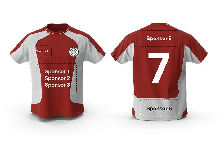 Sponsor prints with example placements on a sports jersey
